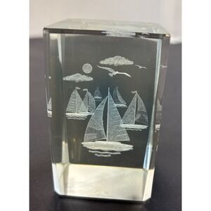 Paperweight 3-D Laser Etched Clear Glass Sailboats Nautical Seagulls 1 Lb